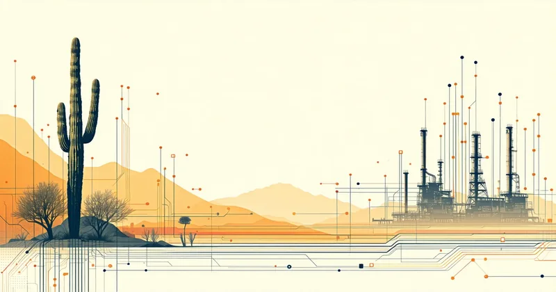 Stylized Arizona desert and semiconductor industry illustration for Phoenix fab ecosystem article