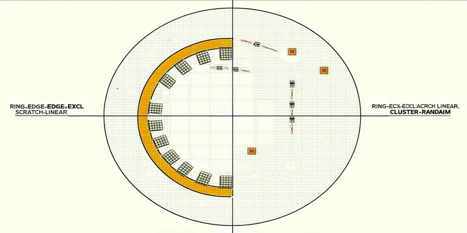 Annotated wafer map showing classified defect patterns including ring exclusion, linear scratch, and random cluster signatures