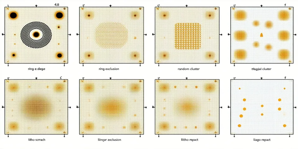 Grid of wafer defect pattern classification examples — ring exclusion, linear scratch, random cluster, and litho repeat signatures